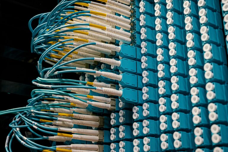 Structured cabling bundles running down a server bay Image description