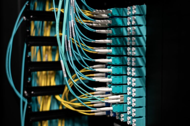 Fan of network cables entering a switch