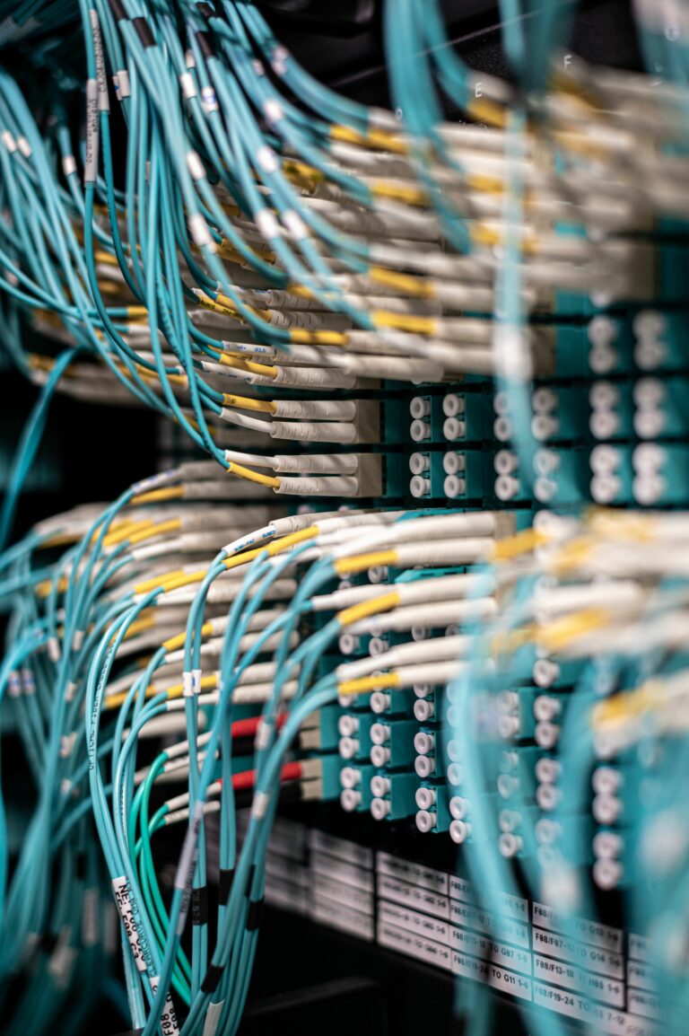 Cabled server racks seen along a row