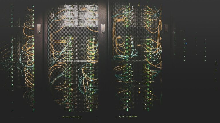 Server racks with status indicators